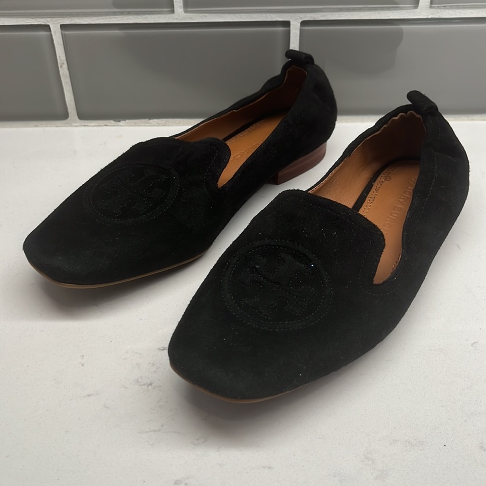 Tory Burch Black Suede Logo Slip-On Loafers - Picture 3 of 8